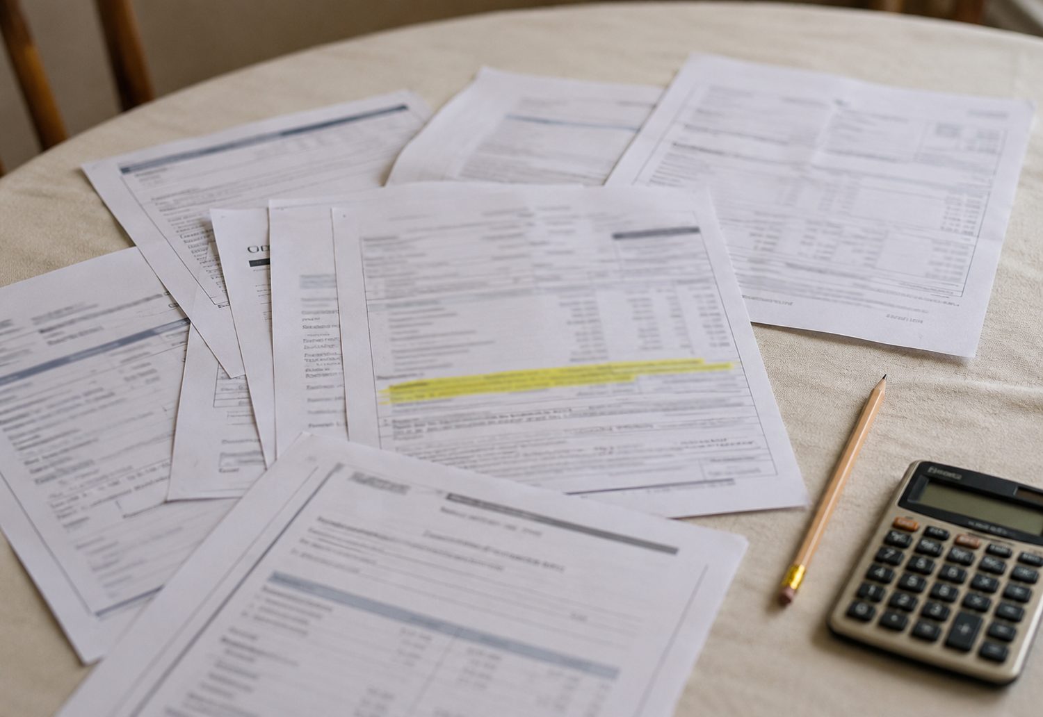 Medical billing paperwork spread across a table with a pencil, a calculator and one line highlighted in yellow